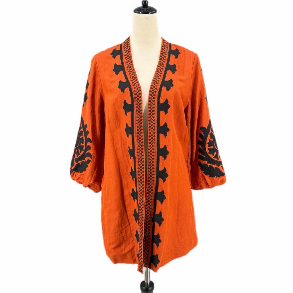 Chico’s Sz 0 Orange Black Boho Embroidered Applique Layering Fall Kimono Jacket